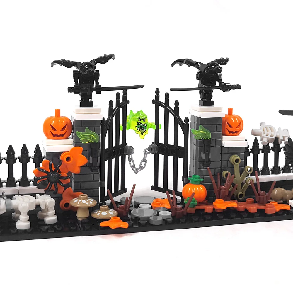 Halloween MOC Cemetery Scene Building Blocks Pumpkin Skull Ghost Death Reaper Spirit Creative Bricks Toys Compatible With LEGO