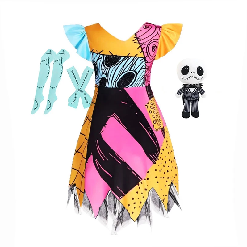 Vestido de Cosplay para Niñas 2026, Diseño de Bloques de Color, Disfraz de Sally de Pesadilla Antes de Navidad, Ropa para el Día de Todos los Santos