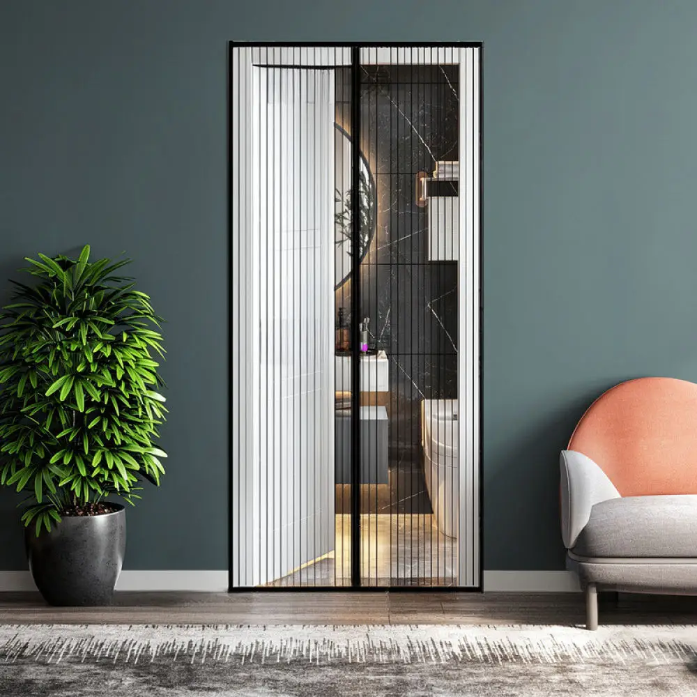 Modern Magnetic Fly Screen Door Curtain Striped Mesh Anti Insect Net Breathable Fabric Easy Adhesive Mount For Summer Household