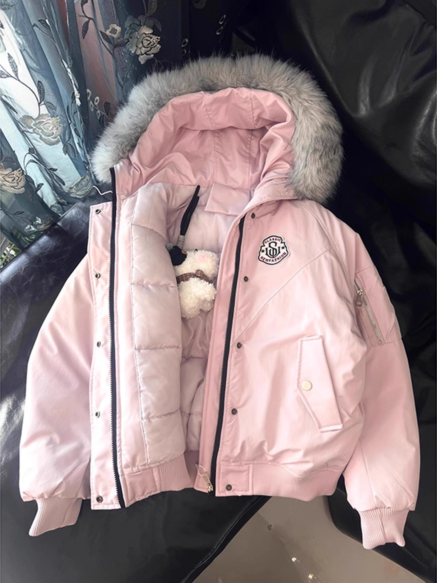 

Pink Detachable Fur Collar Hooded Parka Women's Winter Warm Workwear Cotton Jaet Outdoor Cold Resistance Skiing Clothes