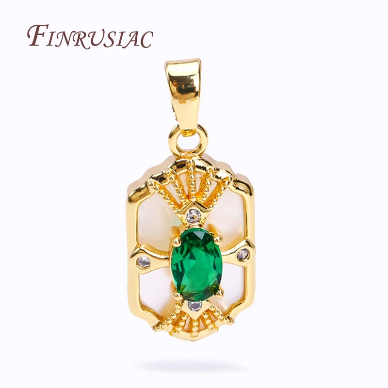 18K Real Gold Plated Delicate Natural Shell Emerald Cubic Zirconia Square Charms Pendants For Necklace Making DIY Accessories