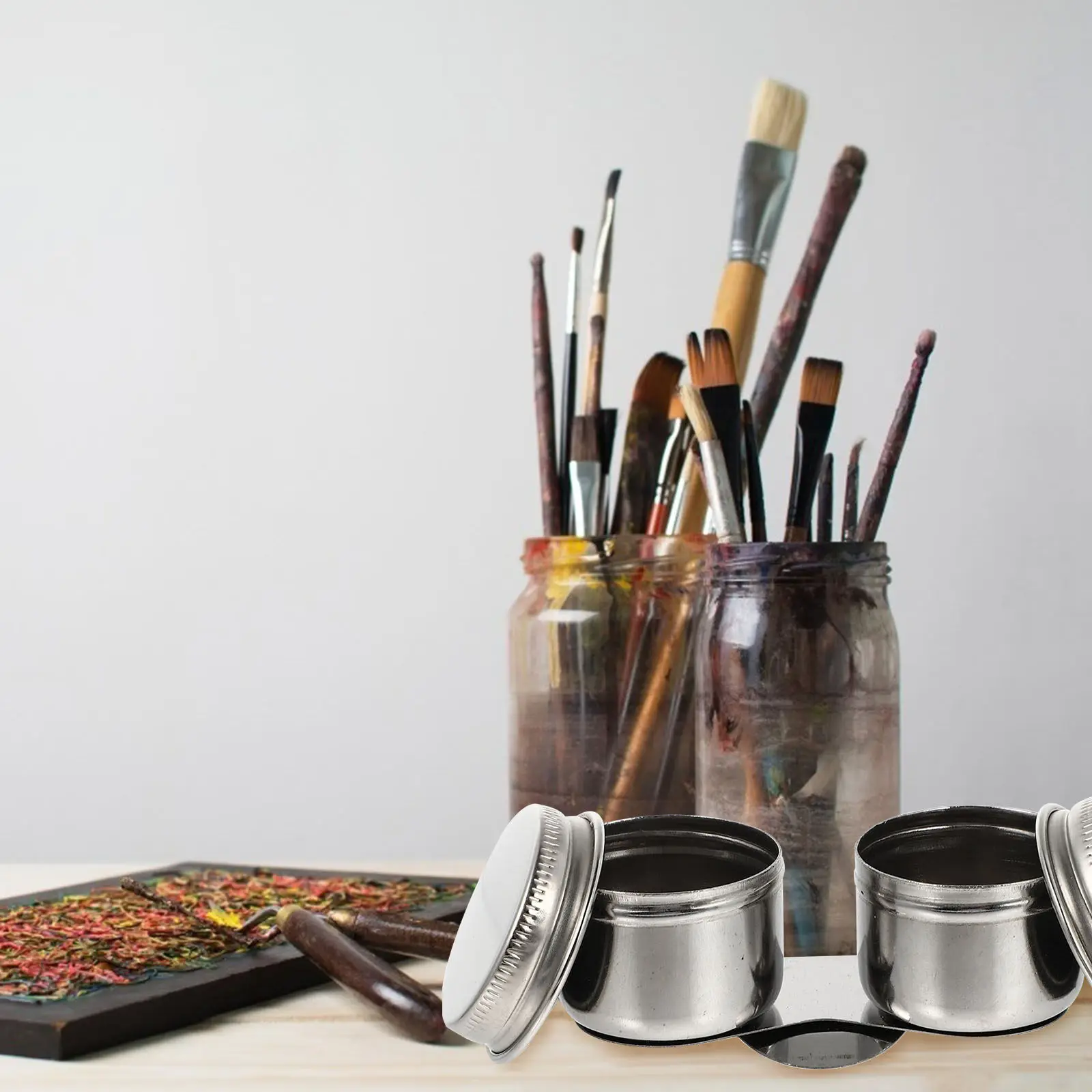2Pcs Oil Palette Cup Stainless Steel Brush Washing Container for Artists Painters Color Mixing Solvent Holding Portable Spill