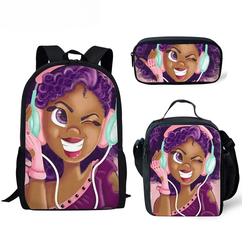 Fashion Cartoon Afro American Girls Printing School Bags Set for Girls Children Book Bag Teens Backpack Casual Travel Daypack