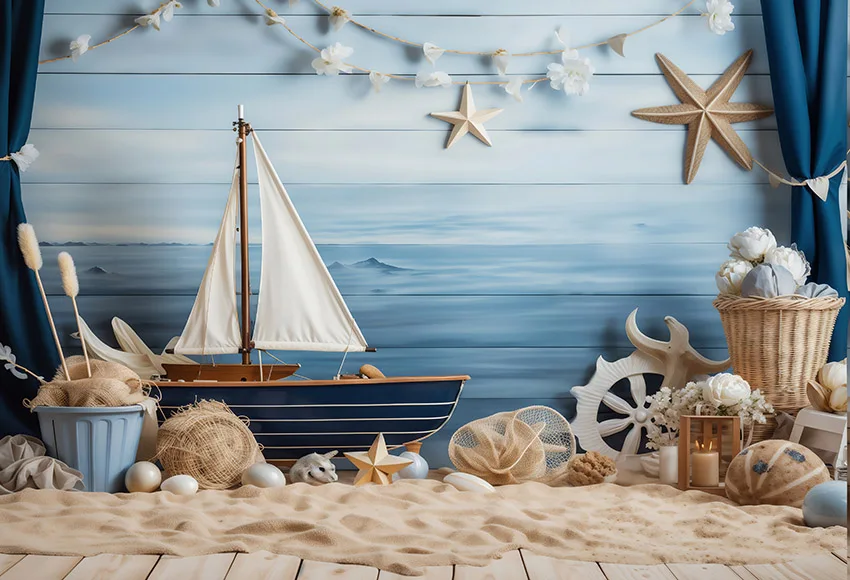 Mehofond Sailor Navigation Rudder Backdrop Blue Baby Kids Birthday Starfish Pirate Party Decor Photography Background Photozone