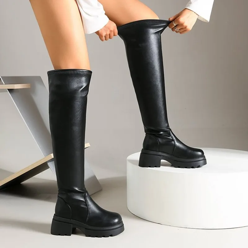 Women's Over-The-Knee Boots Round Toe Mid Block Heel Platform Lug Sole Leather-Look Upper Pull-On Practical Footwear Selection