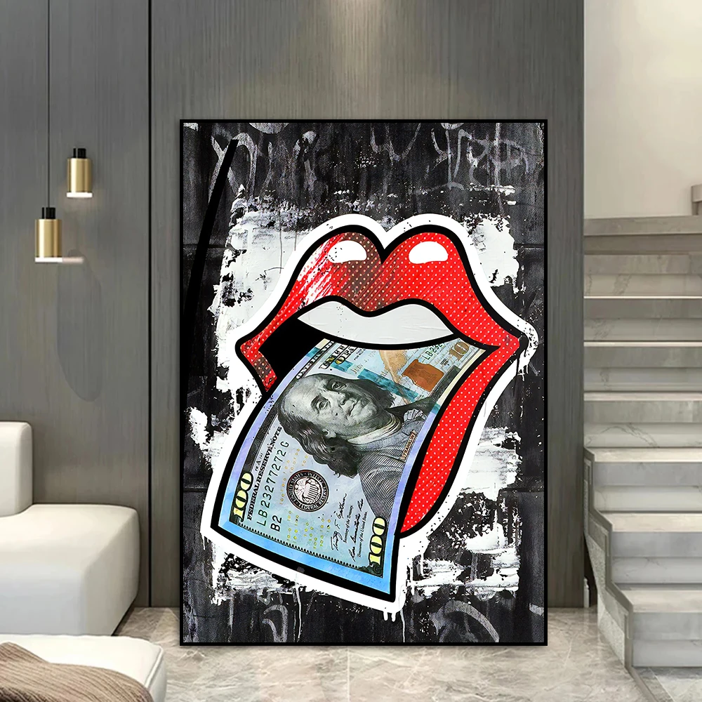 

Abstract Lips Money Graffiti Canvas Painting Posters and Prints Wall Art Picture for Living Room Home Decoration Caudros