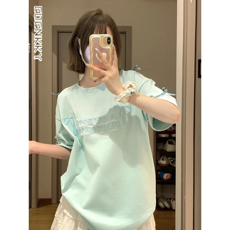 Letter Bow Embroidery T Shirt Women Summer Loose Lazy Mint Green Tees Top Y2k Harajuku Korean Round Neck Casual T Shirts Female