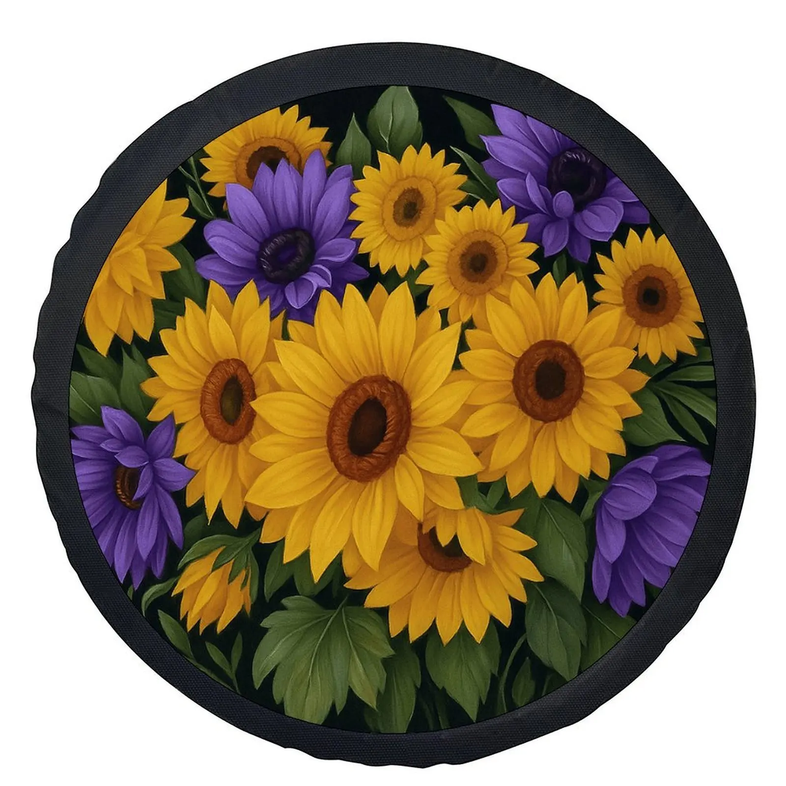 1pc Sunflower Bouquet Wheel Cover With Black Center - Fit Car Tire, Yellow Purple Brown Beige Sunflowers & Green Foliage Design,