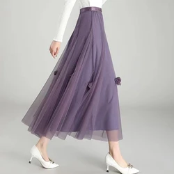 Women Mesh Tulle Skirt Spring Summer Fashion Elastic High Waist Black Purple Green A-LINE Flower Wedding Party Long Skirts