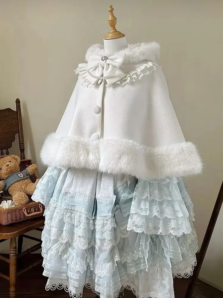 Winter Japanese Sweet elegant Woolen Cloak Women Soft Lolita Hooded Furry Short Jacket Bow Female Princess Chic Loose Cape Coat