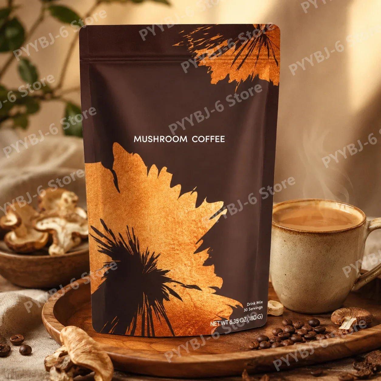 Organic Mushroom Coffee Powder 6 Adaptogenic Mushroom Extracts with MCT Oil Daily Wellness Dietary Supplement Drink Mix 180g