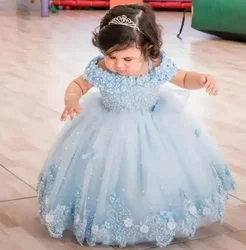 Sky Blue Off Shoulder Baby Flower Girl Dresses Pearls Lace Butterflies Long Infant Wedding Party First Birthday Party Ball Gown