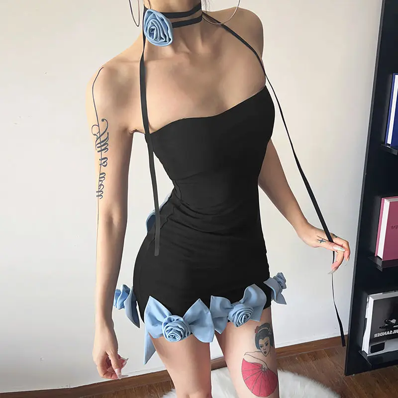 Summer Fashionable Sexy Dress Female Korean Fashion Patchwork Floral Midi Dress Women Clothes Bright Line Decoration Tight Dress