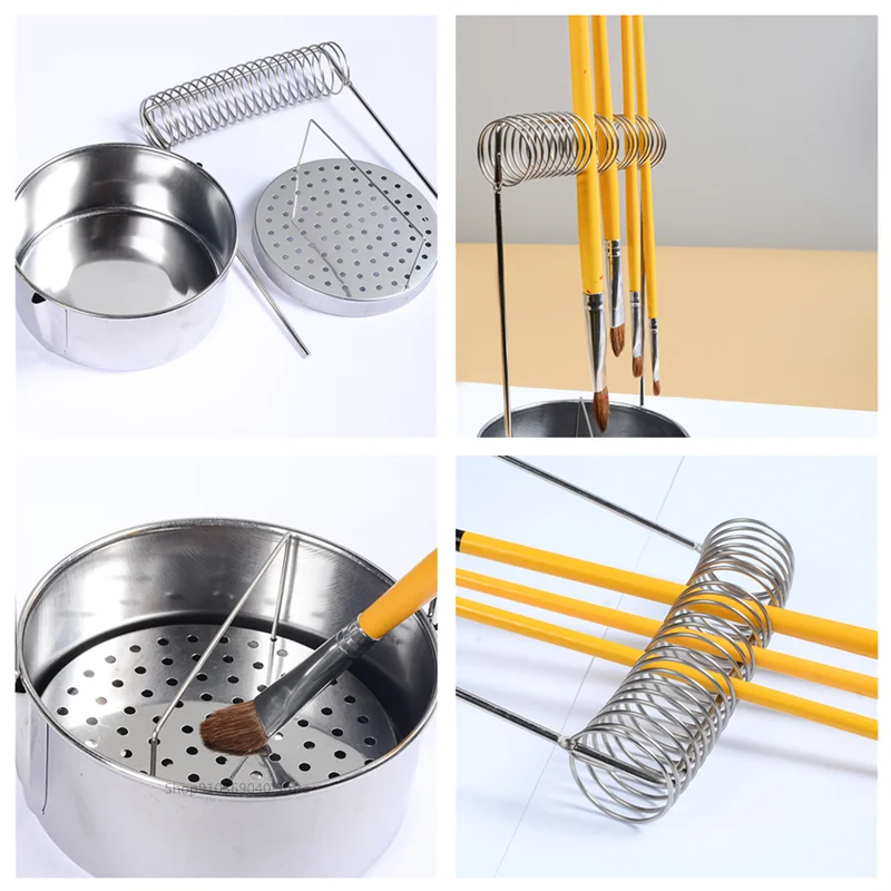 Stainless Steel Washing Brush Bucket Portable Sealed Container with Lid Air Drying Pen Holder Oil Painting Art Supplies