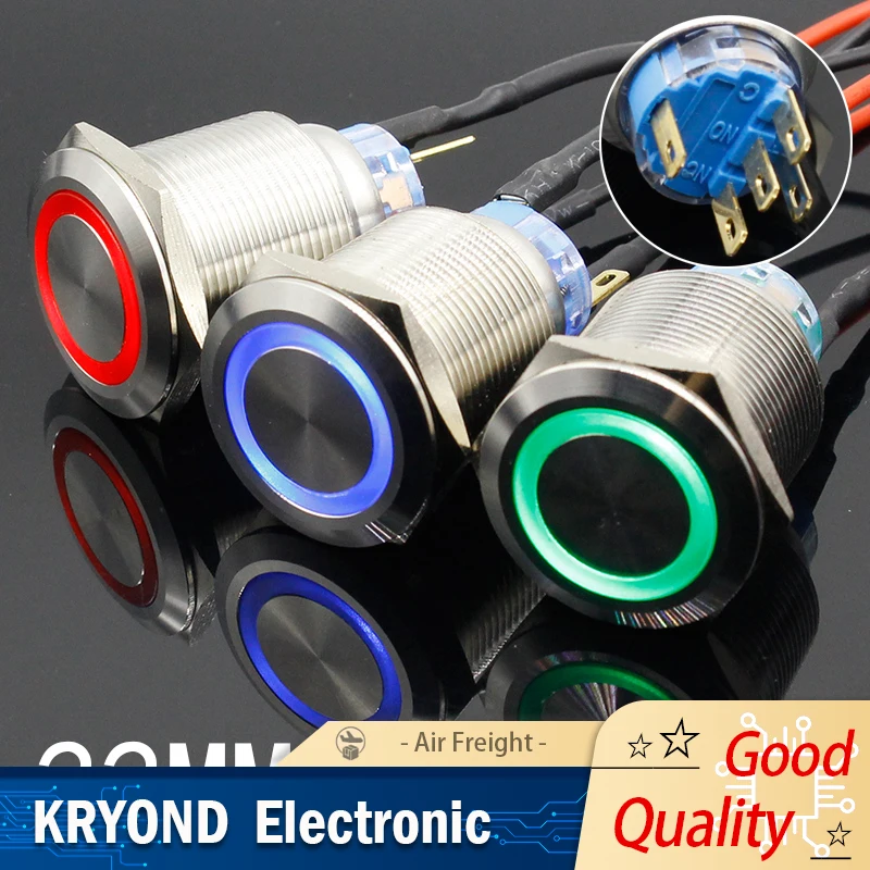 

1 шт. красочный 22 мм светодиодный кнопочный переключатель 5 В 12 В 24 В 220 В с мгновенной фиксацией водонепроницаемый металлический самоблокирующийся