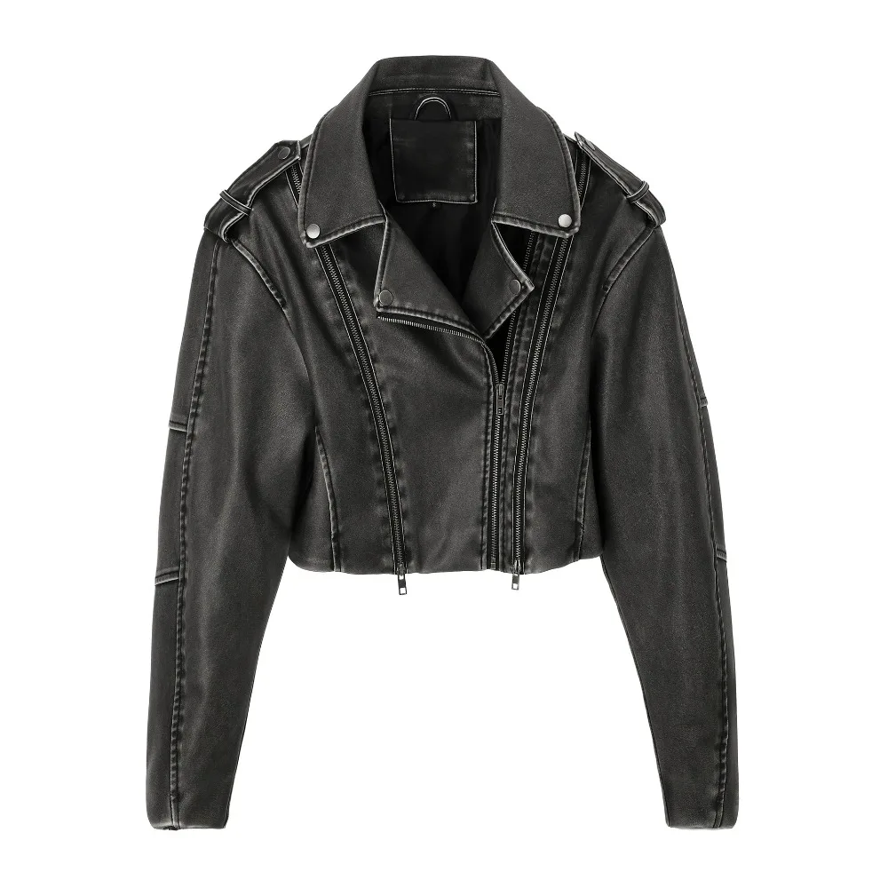 2025 Coal Graysty Le Women's Washed Leather Jacket with Belt, Short Coat with Downgraded Zipper and Vintage Lapel Jacket