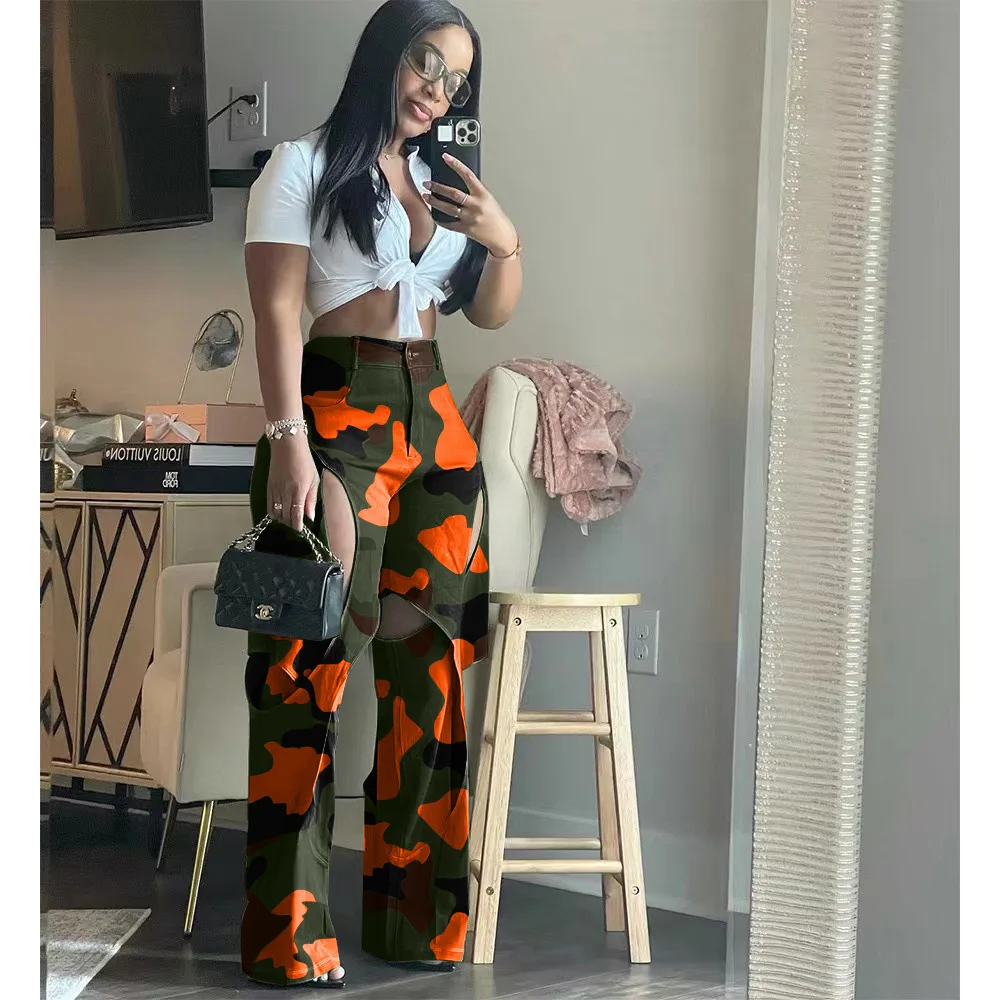 

Fashion women camouflage cutout cross criss straight cargo pants 2023 autumn winter safari style trousers
