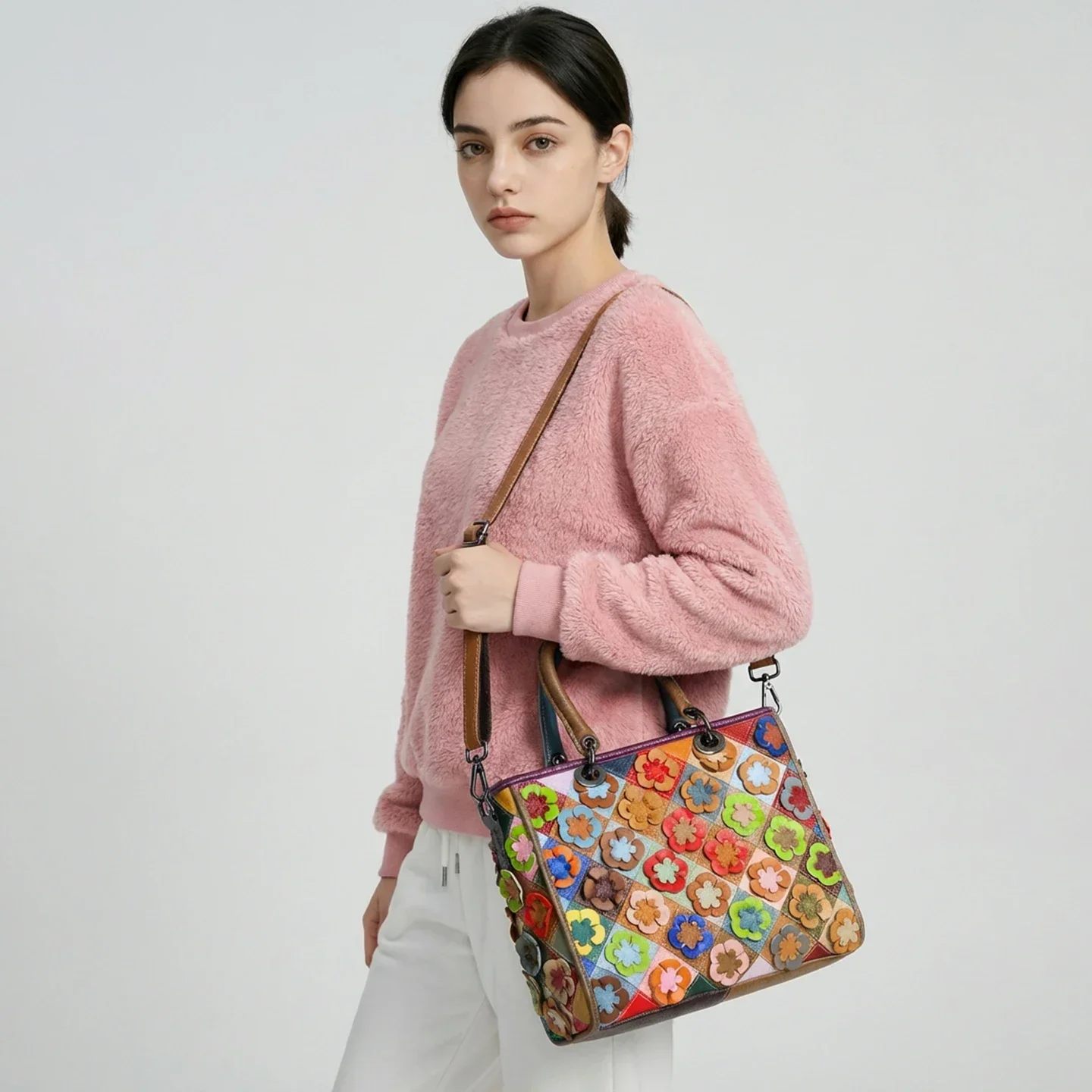Colorful Handmade Genuine Leather Women Crossbody Bag Flower Applique Color Block High End Fashion Versatile Shoulder Handbag