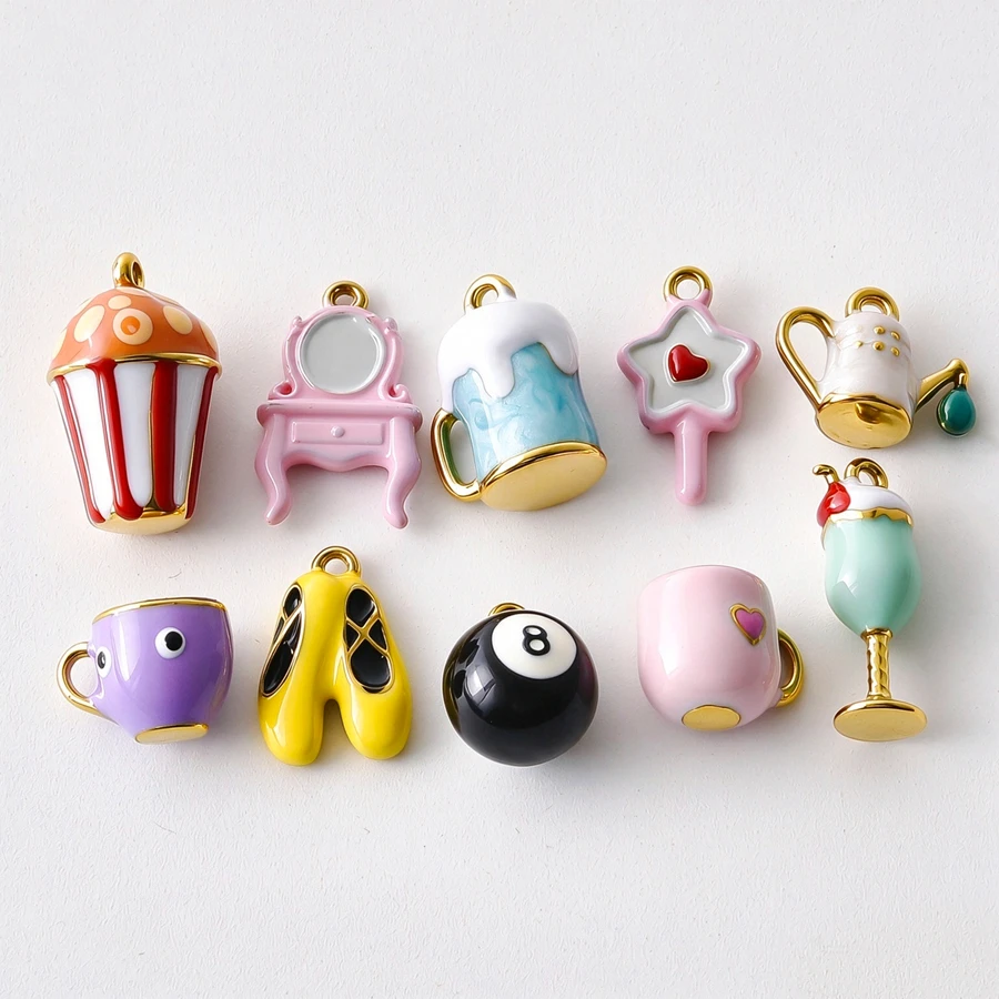 3D Handpainted Teapot Coffee Cup Beer Tea Pendant 3pcs Enamel Billiards Black 8 Dresser Stainless Steel Charms Necklace Jewelry