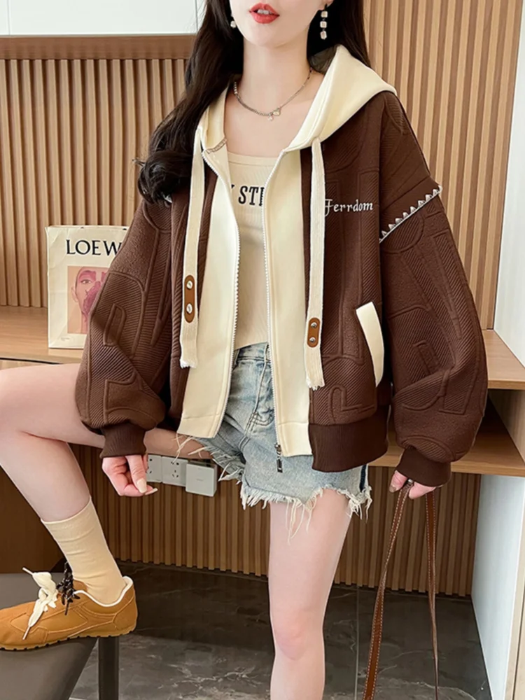 Amerikaanse retro mode honkbaljas bovenkleding lente herfst losse kleur geblokkeerde geborduurde letter sweatshirt met capuchon