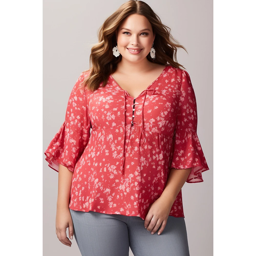 

Plus Size Everyday Red Ditsy Floral Print Ruched 3/4 Flare Ruffle Sleeve Chiffon Blouse V-neck Tops