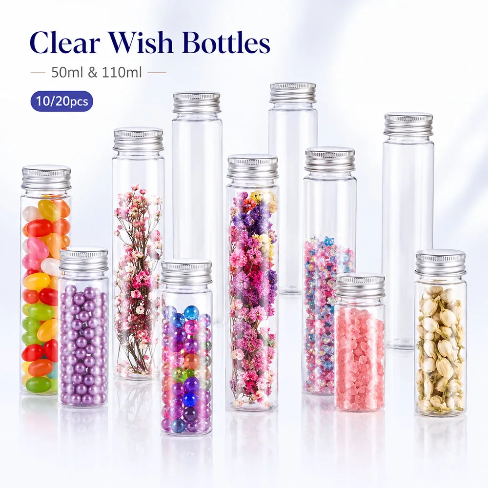Tubes plats transparents de 50ml/100ml, bouchon en aluminium à vis, bouteille vide rechargeable pour décoration de mariage, cadeau de fête, 20 pièces