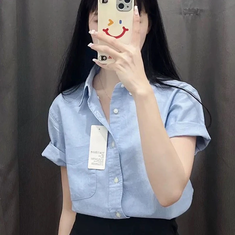 100% Cotton Women Shirt Korean Sweet Thin Short Sleeve Women Blouse Summer Casual Loose Pocket New All Match Ladies Tops