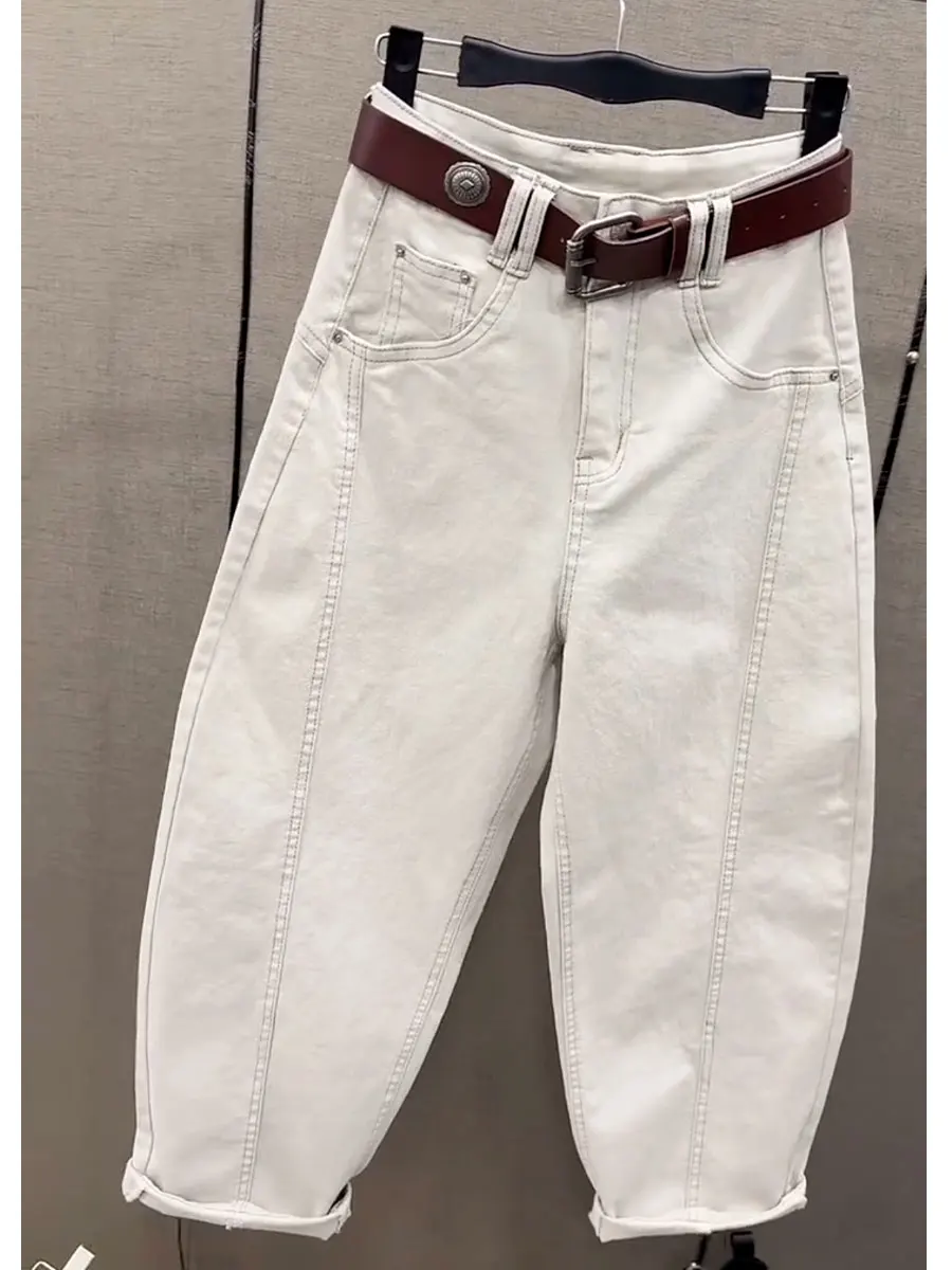 High Waist Loose Fit Casual Cotton Jeans Women's Autumn New Style Harlan Pants Nine Points Knife  Design Washed Denim