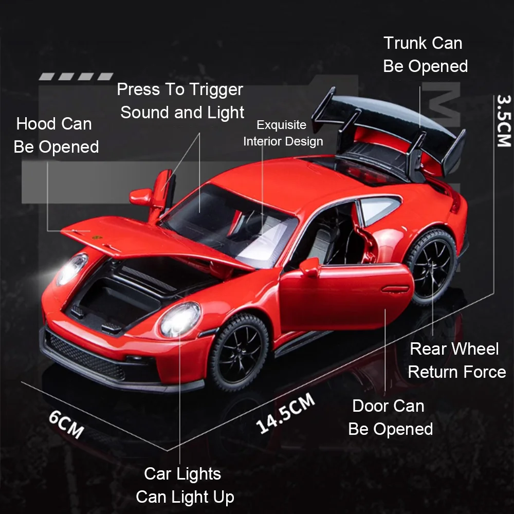 1:32 GT3RS Mini Sports Car Model Toys Alloy Diecast 911 Supercars 4 Doors Opened Sound Light Pull Back Rubber Tires Kids Gifts