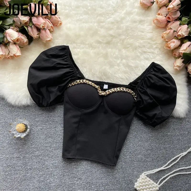 Belly Button Shirt Chic Chain Off Shoulder Expose Clavicle Tank Top Summer Puff Sleeve Crop Tops Women Elegant Sexy Slim Blouses