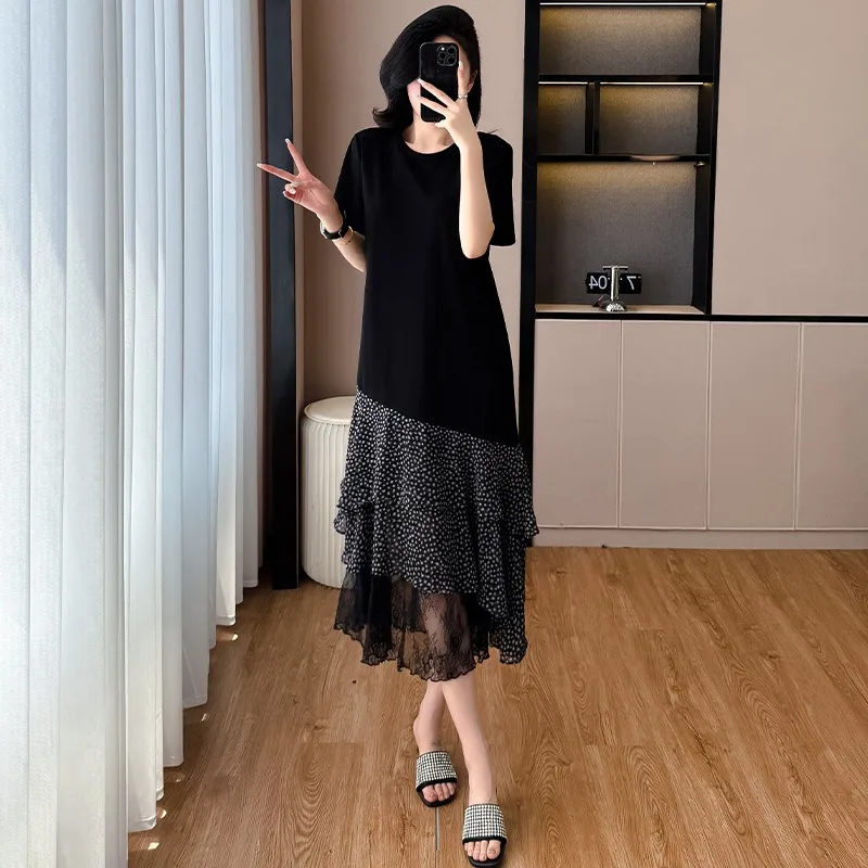 Zomer Casual Jurk 2025, Koreaanse Vrouwen Kant Golf Punt Stiksels Bloemen Jurk Westerse Stijl Losse Afslanken T-shirt Jurk