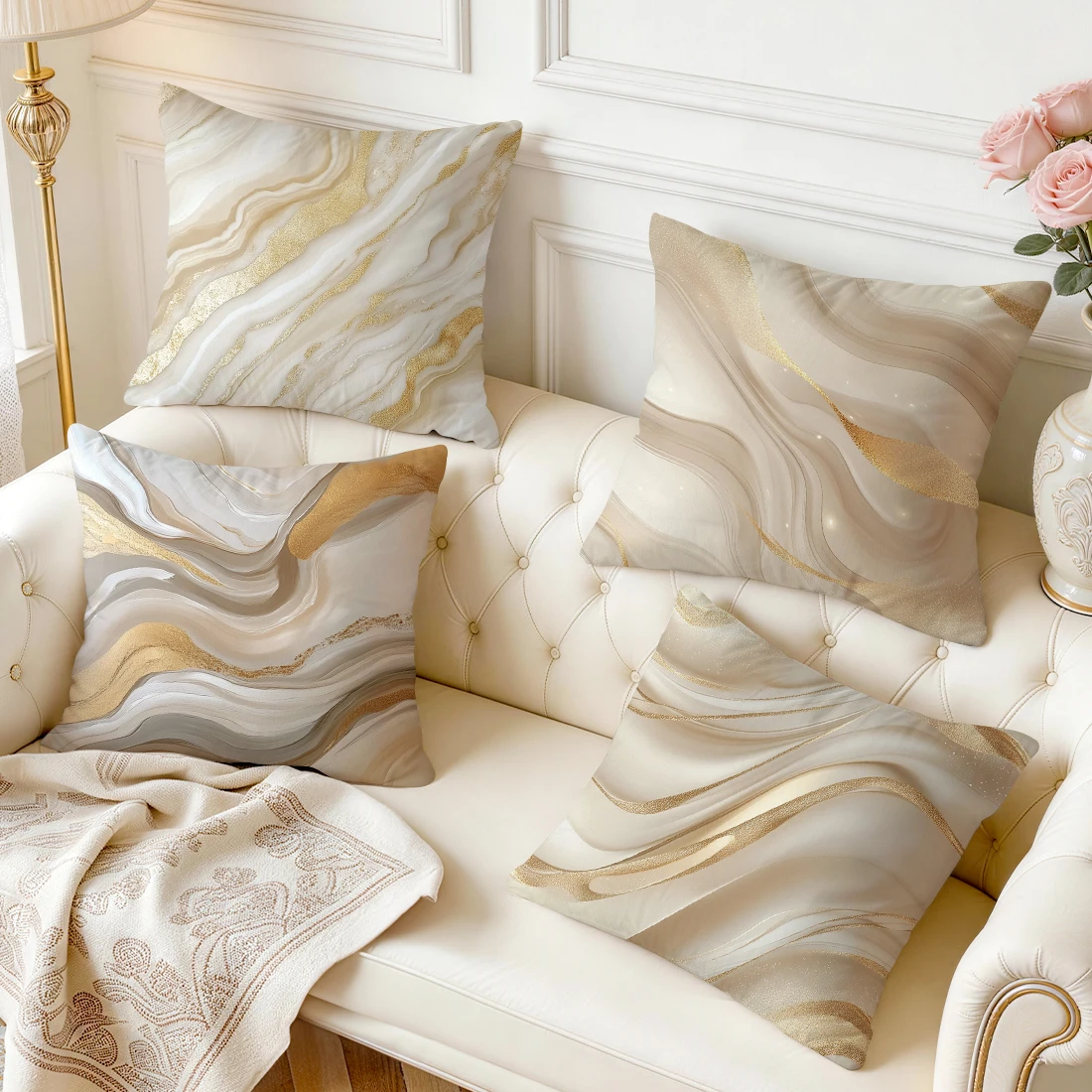 1pcs/4pcs Beige Golden Marble Cushions Pillowcase Polyester Cushion Cover Throw Pillow Pillowcover Home Car Sofa Decor - view 6