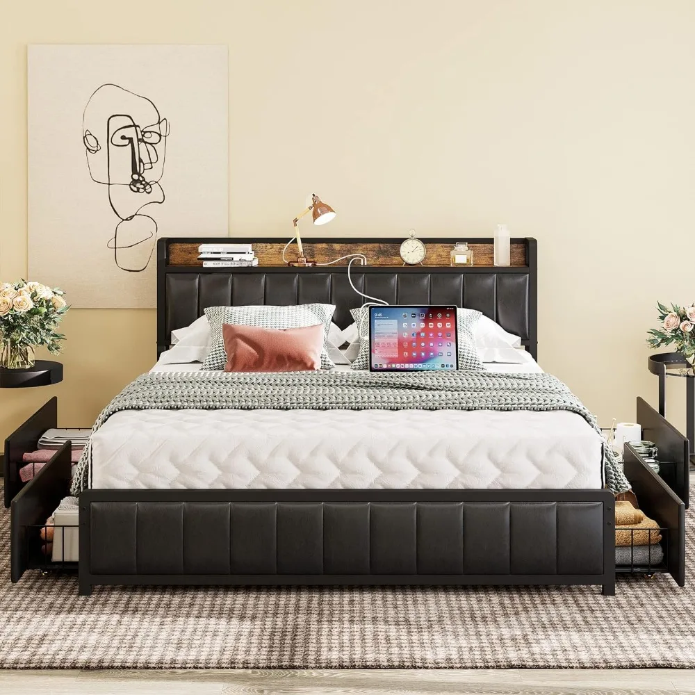 

Bed Frame with Storage Drawers Headboard & Footboard, Upholstered Platform Bed with USB Ports & Outlets, No Box Spring Needed