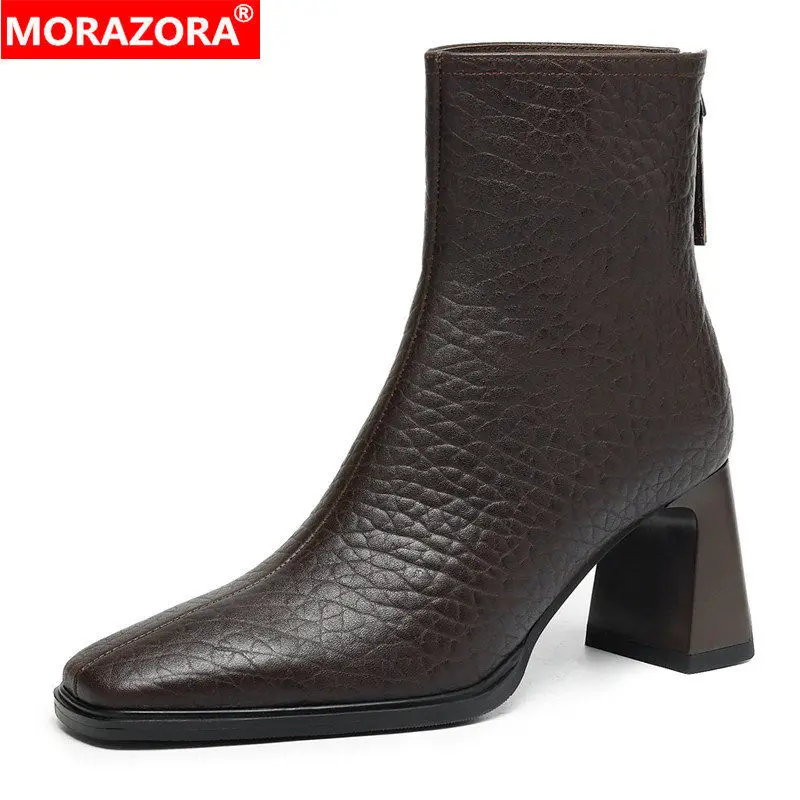 

MORAZORA Nature Genuine Leather Boots Women Zipper Chunky High Heels Autumn Winter Boots Ladies High Heels Ankle Boots