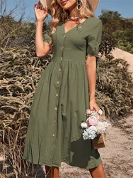Summer Women Short Sleeve V Neck Solid Color Single Breasted Cotton Linen A Line Dress