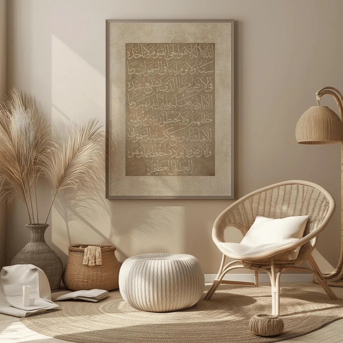 2D/Flat Modern Beige Islamic Wall Art Print, Frameless Vintage Ayatul Kursi Wall Art Poster for Living Room and Bedroom Decor