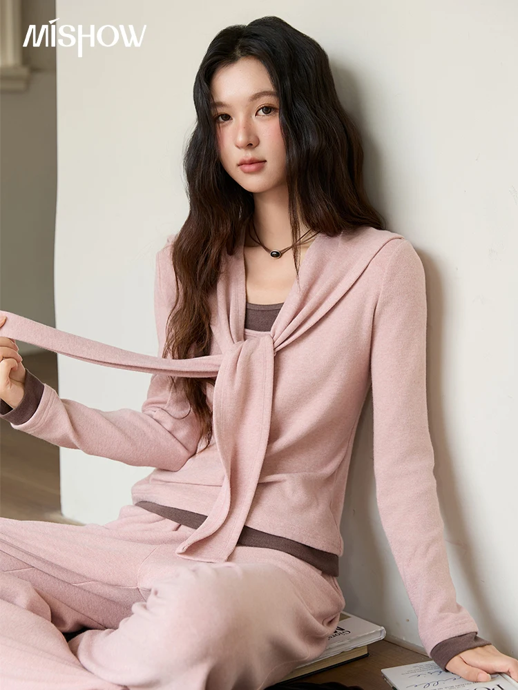 

MISHOW женский облегающий топ с длинными рукавами, осень 202, однотонный пуловер с шалью и круглым вырезом в стиле ретро, повседневный вязаный топ, женская одежда MXE89T1419