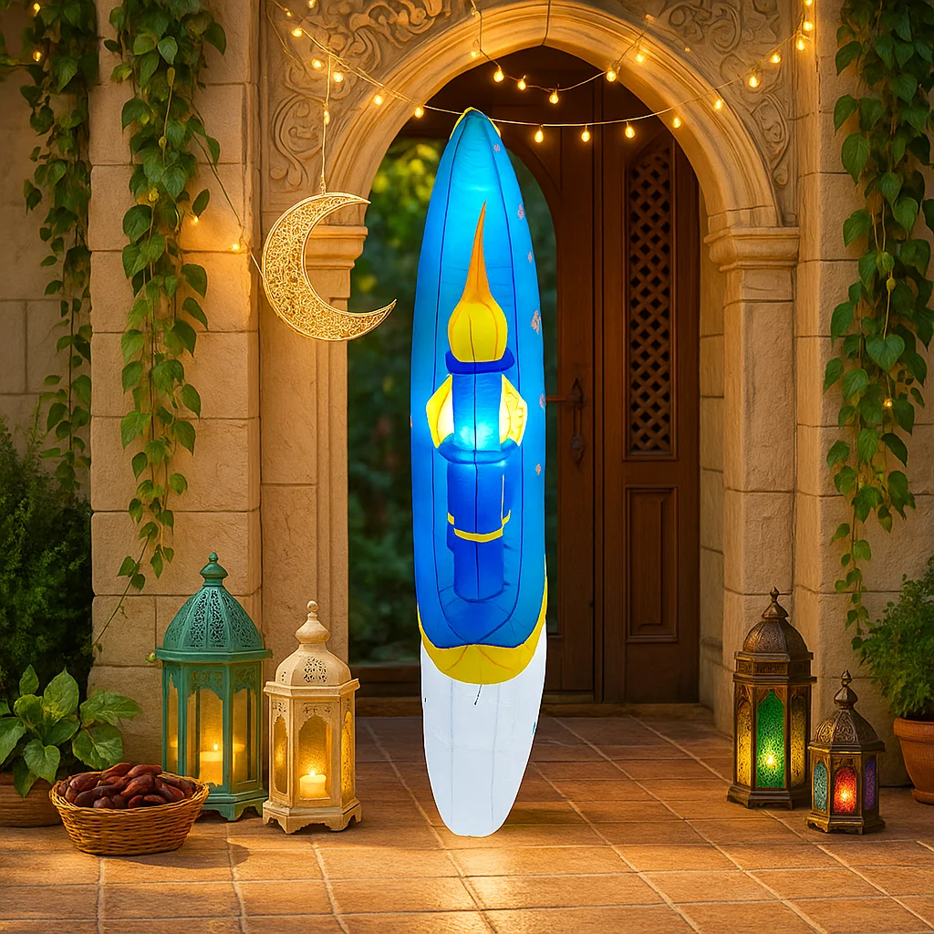 Ramadan Mubarak 5FT Inflatable Blue Crescent Mosque Decor Star Pattern Yellow Dome Islamic Supplies Ramadan Inflatable For Yard