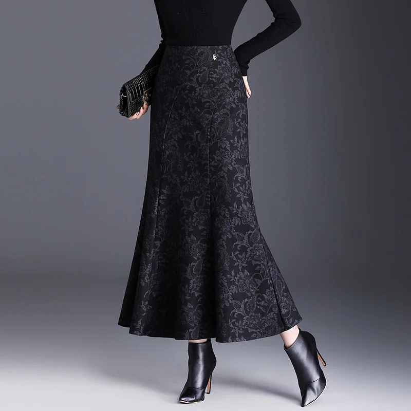 

Длинная юбка миди с завышенной талией, облегающая, винтажная, с принтом, из шерстяного материала, женская, осенне-зимняя, новая...