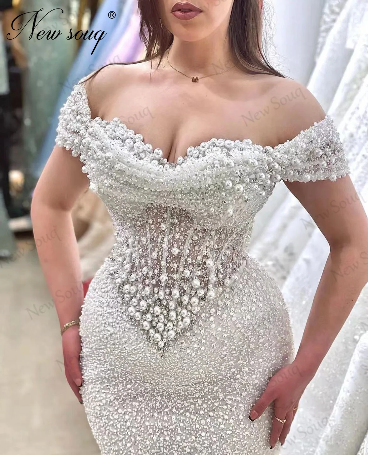 Off The Shoulder Mermaid Prom Dresses Haute Coutures White Beaded Pearls Evening Gowns For Women Vestidos De Noche Party Dress