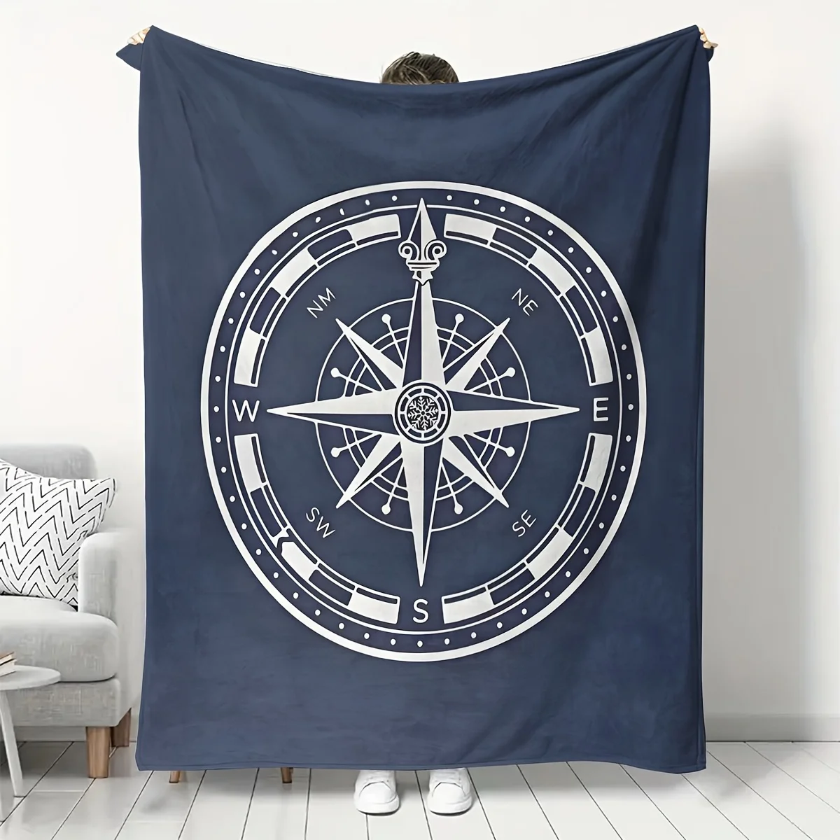Nautical Compass Rose Throw Blanket Navy Blue Coastal Decor Gift for Sailor Lover Home Accent