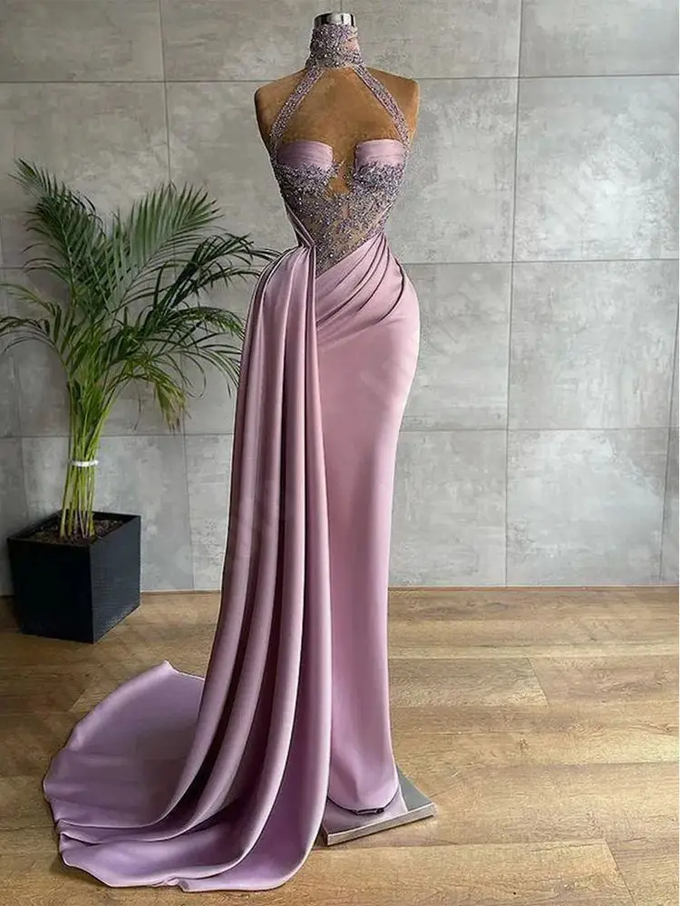 Vestidos de noite cetim rosa brilhante para mulheres, vestidos de celebridades sereia sem alças, elegante vestido princesa