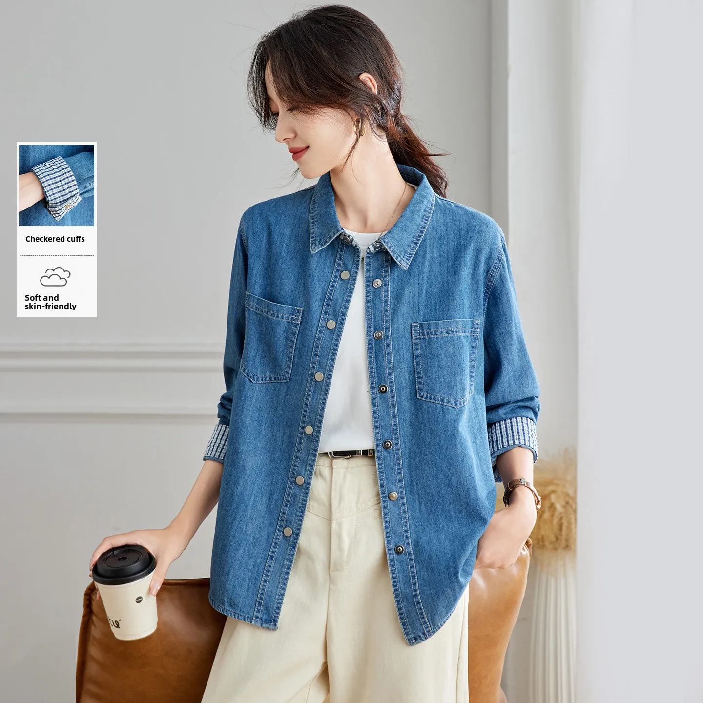 

Cotton on Plaid Sve Collar Denim irt Women's Faion Commute Sle Long Sve Top Layering Outerwear
