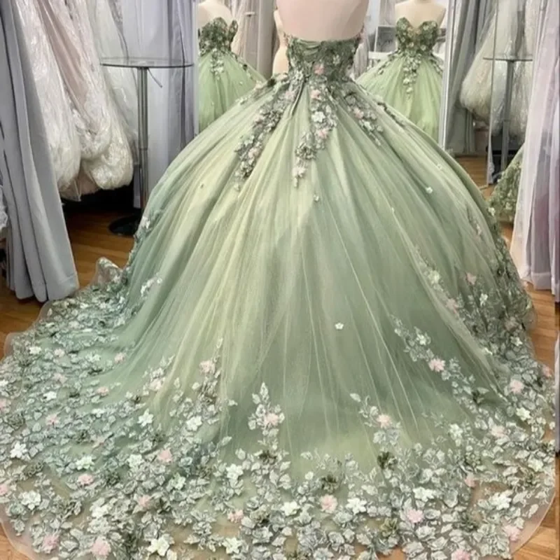 Sage Green Lace 3D Flowers Appliques Florals Quinceanera Dresses for 15 Years Old Off Shoulder Birthday Prom Vestidos De 15 Anos