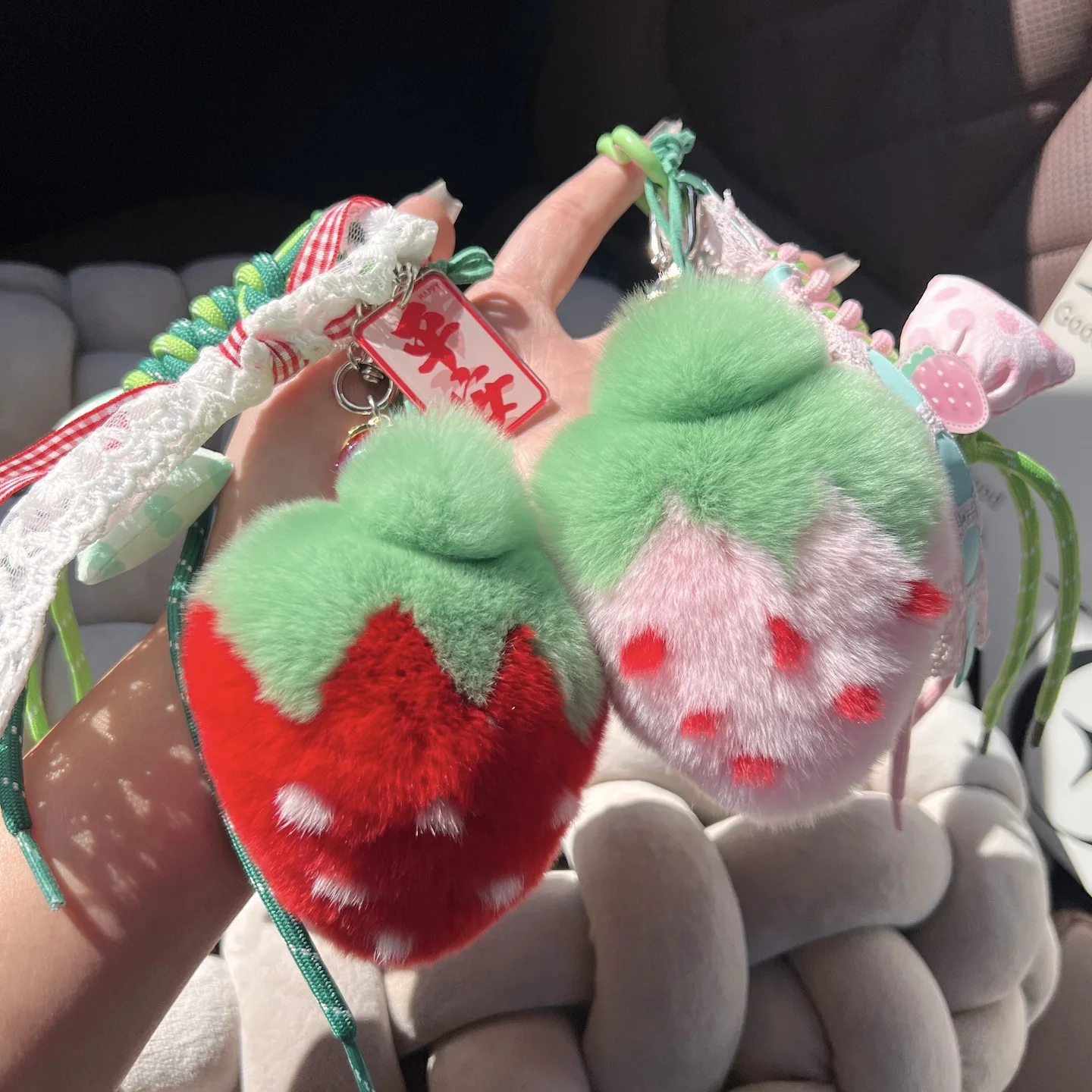 Cute real otter rabbit fur strawberry car keychain pendant ins popular plush doll backpack charm