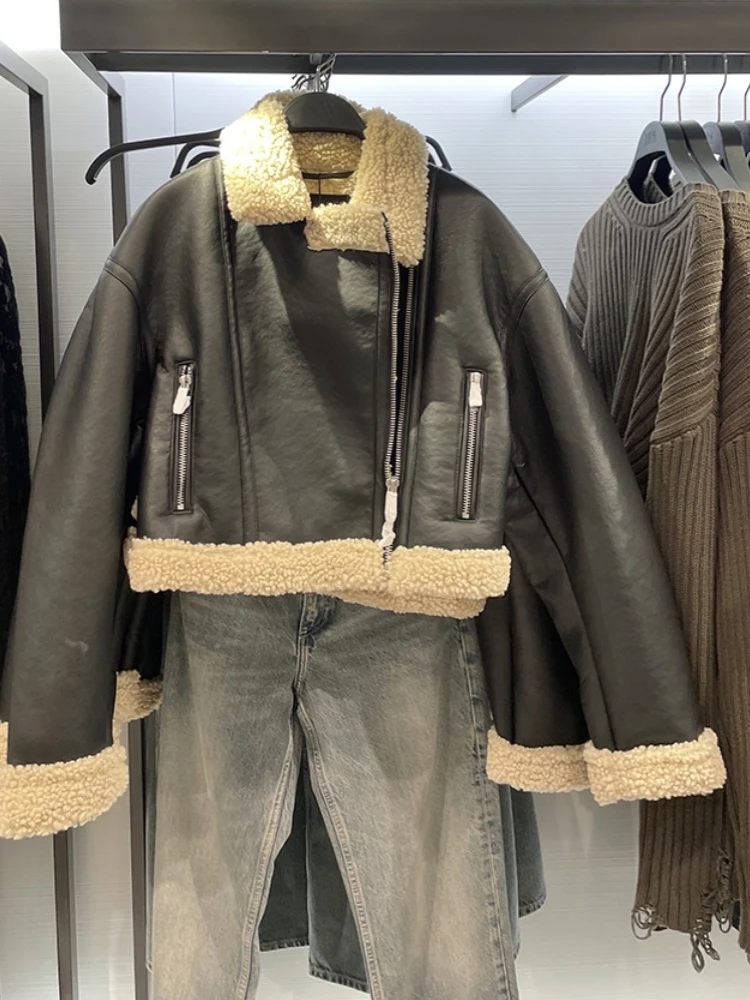 Double-Sided Leather And Fur Jaet Biker Sle Collar Women's Autumn Winter New Faion Outerwear  Collar Zipper ket