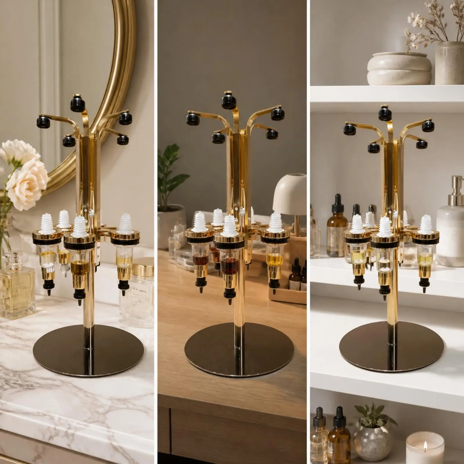 Countertop Liquid Dispenser Compact Multi-Head Rotating Dispensing Rack Freestanding Metal Dispenser with Six Reservoirs for