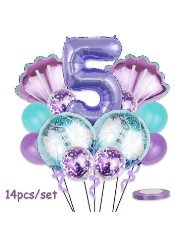 14pcs Mermaid Balloon Set Cartoon 32 Inch Purple Digital Shell Birthday Party ，Wedding Anniversary Decoration
