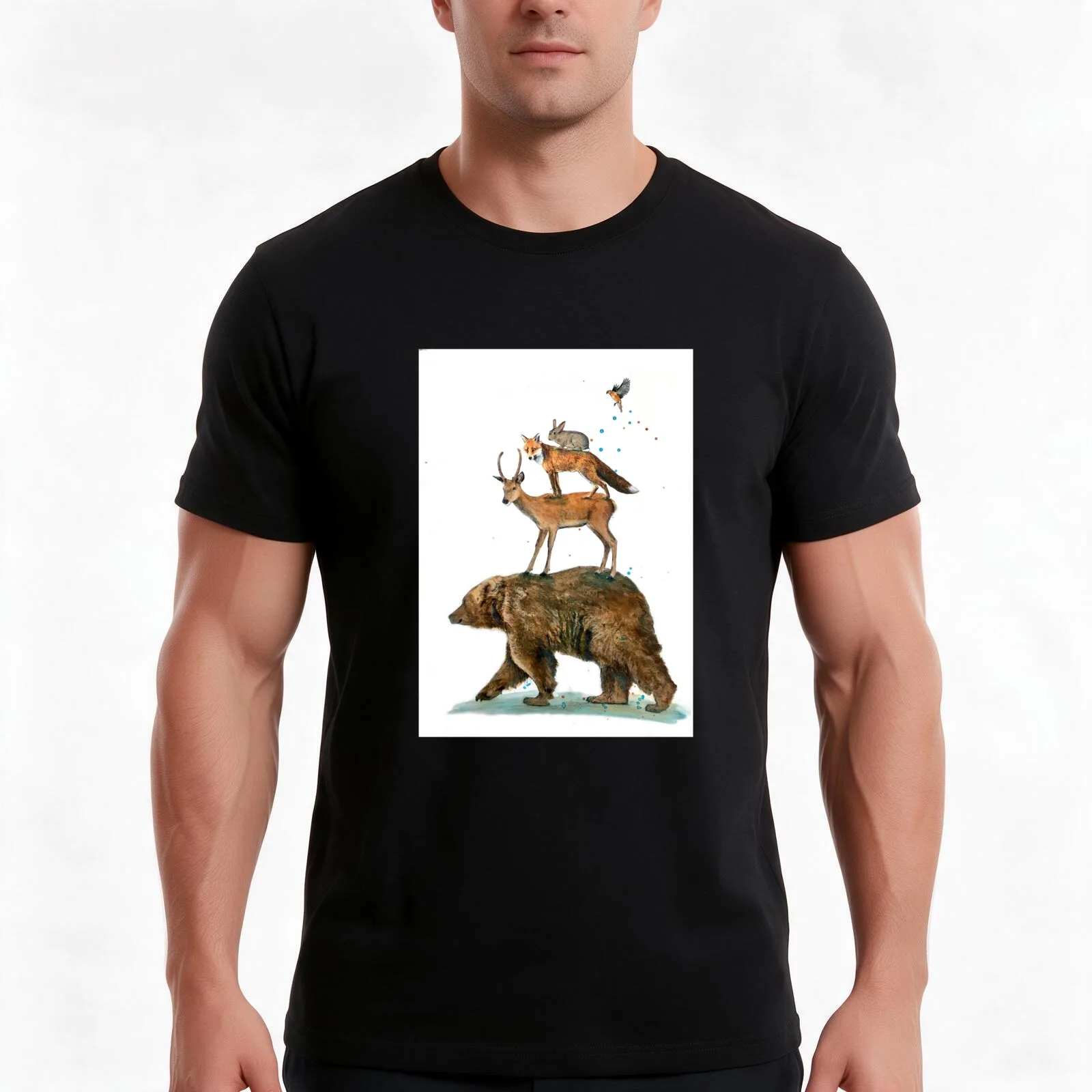 Illustration of pyramid forest animals T-Shirt Summer Casual Cotton Tee Oversized Streetwear Tops Vintage Graphic Print