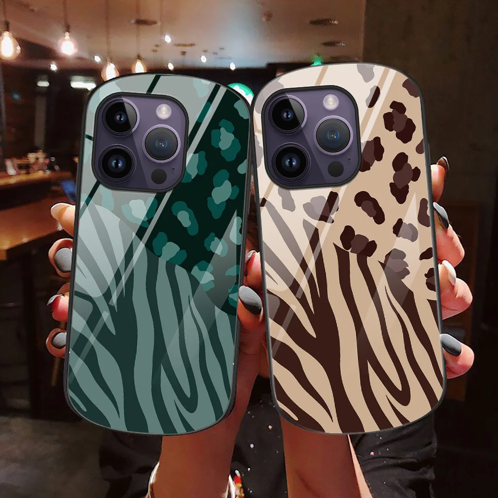 

Phone Cases for iPhone 14 13 Pro Max Mini XR XSMax 7 8 Plus SE Oval Tempered Glass Cover for iPhone 12 11 Leopard Stripe Fundas